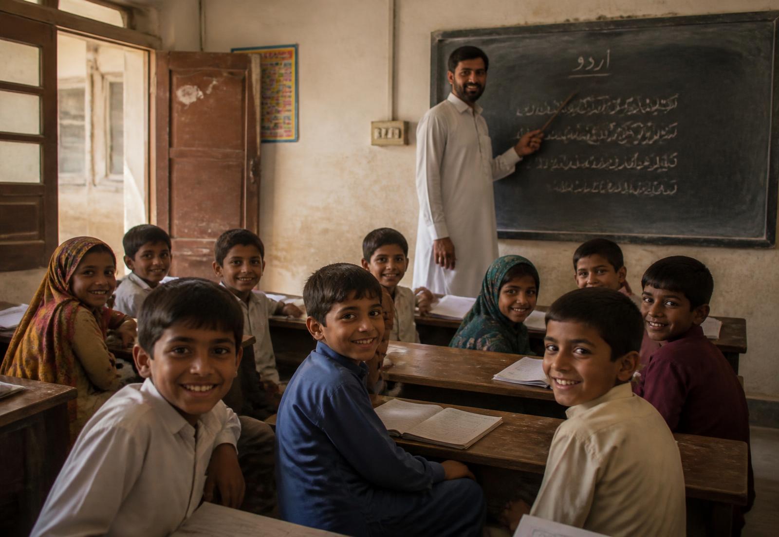 Children studying with their teacher in a classroom
